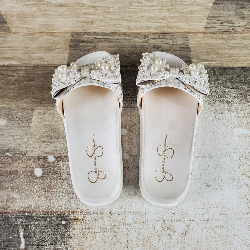 Jessica Simpson Rexinne Womens Slide Sandals Sz 9 M White Rhinestone Slip On